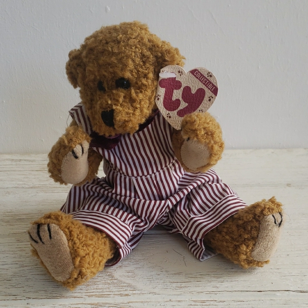 Vintage 1993 Ty Collectible "Dexter" Curly Brown Bear With Striped Overalls